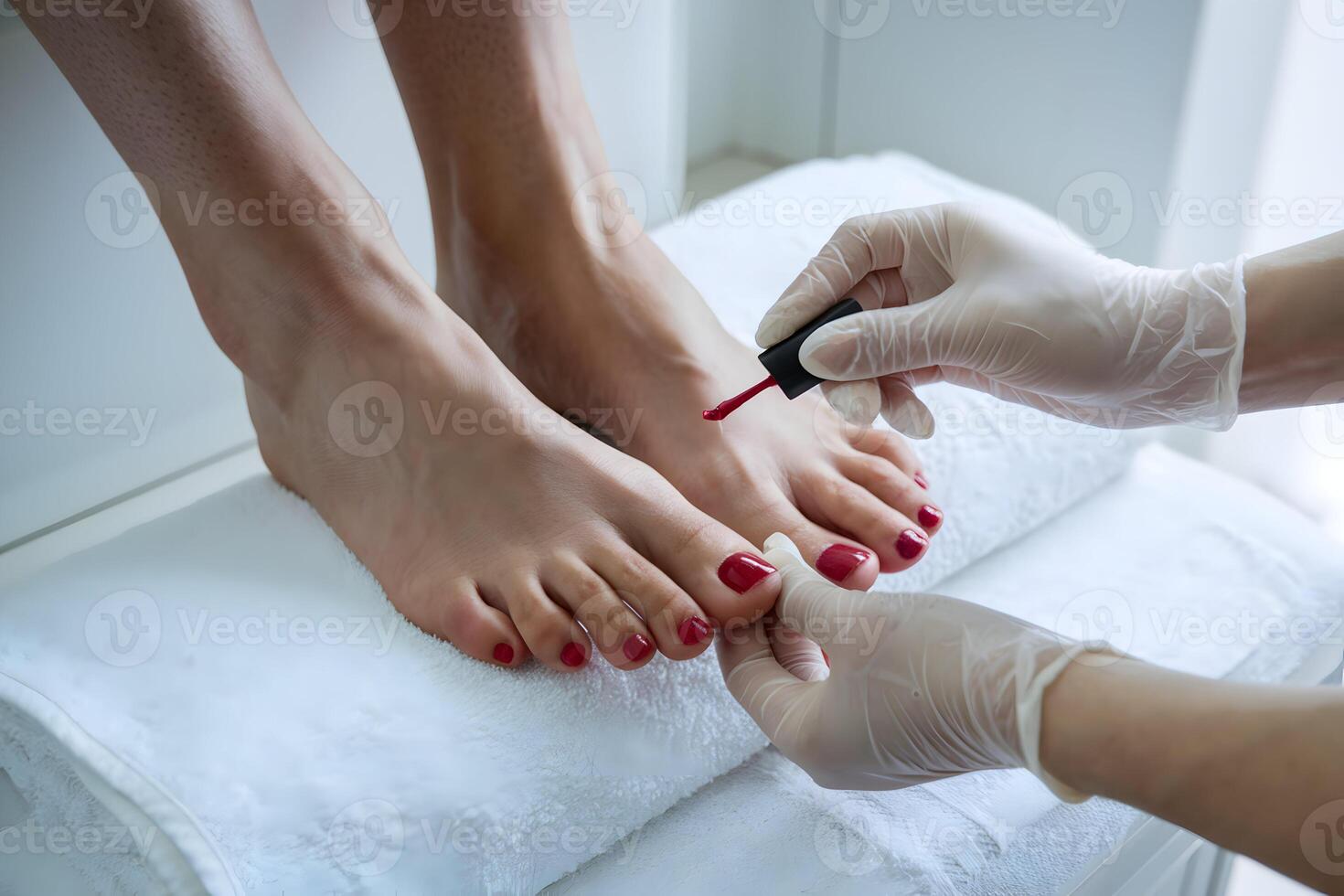 Gloved hands painting red nails on feet resting on a white towel photo