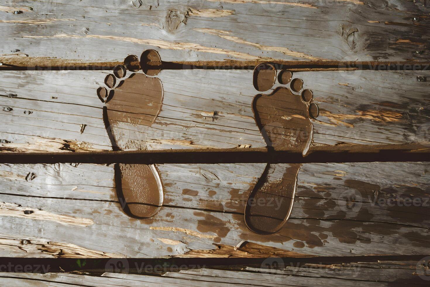 Muddy footprints on weathered wooden planks, cracks and moisture visible photo
