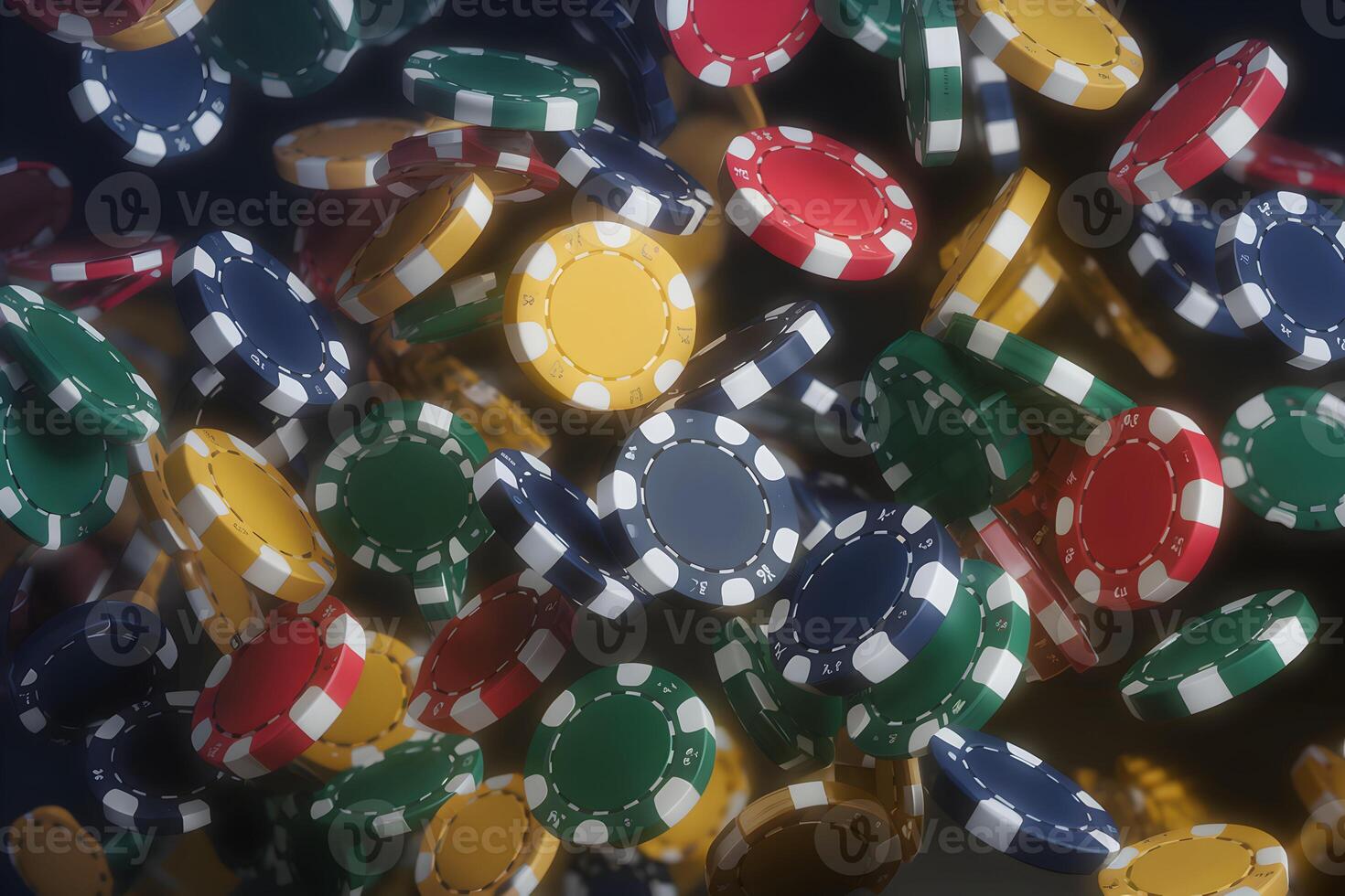 Colorful poker chips in mid air against a dark background, creating depth photo