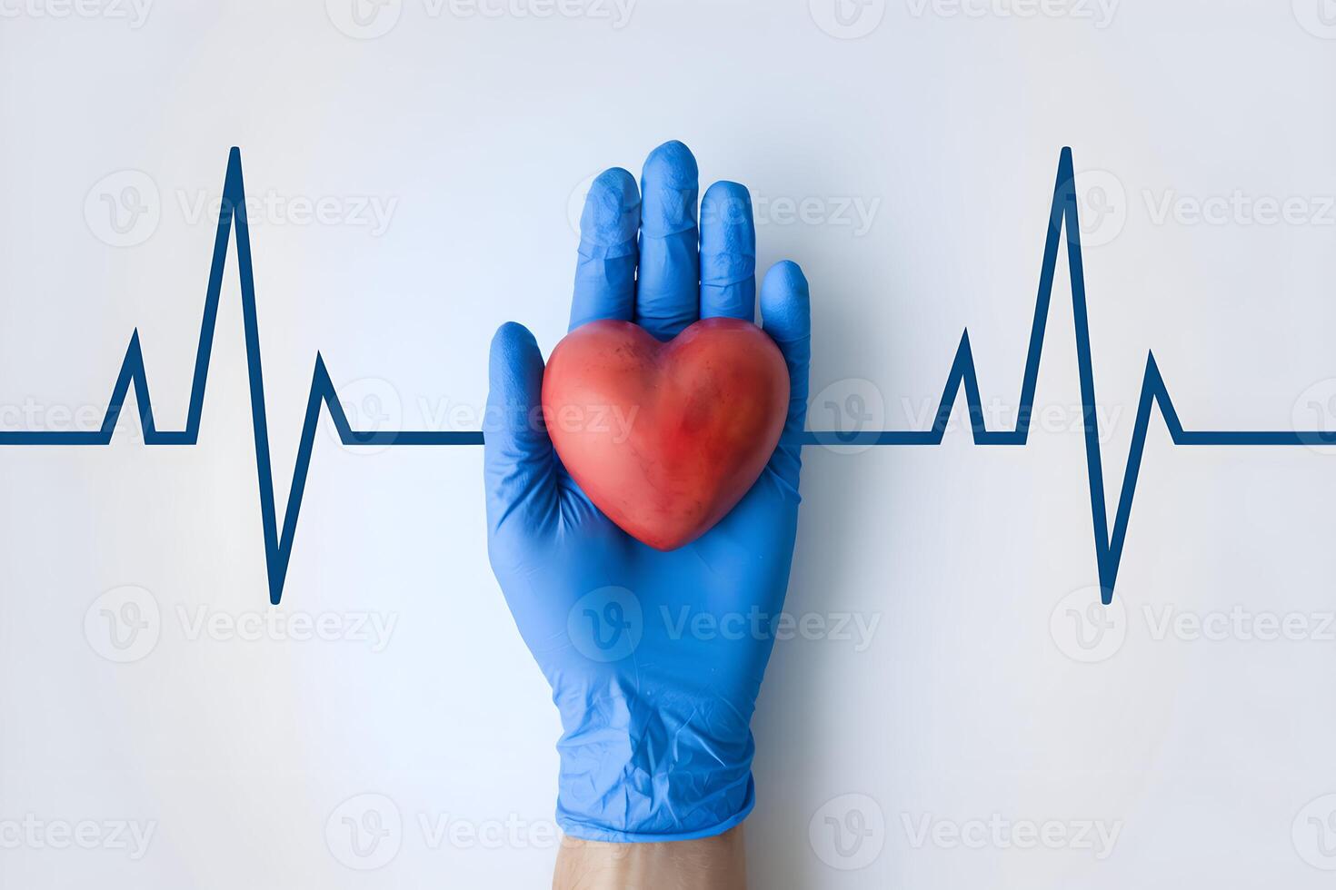A gloved hand holding a red heart with a heart rate graph photo
