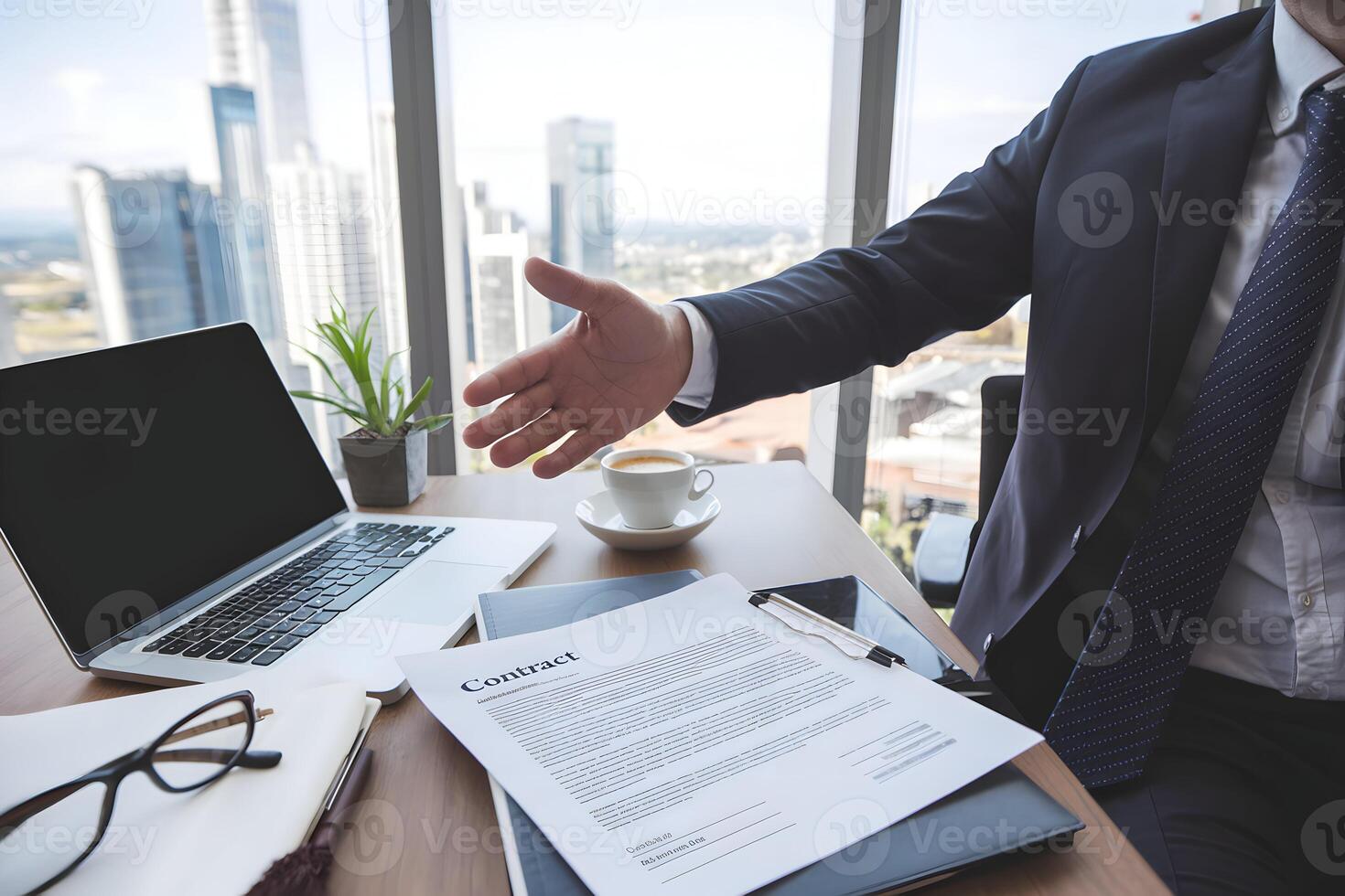 Man in suit extends hand towards contract, cityscape visible through window photo