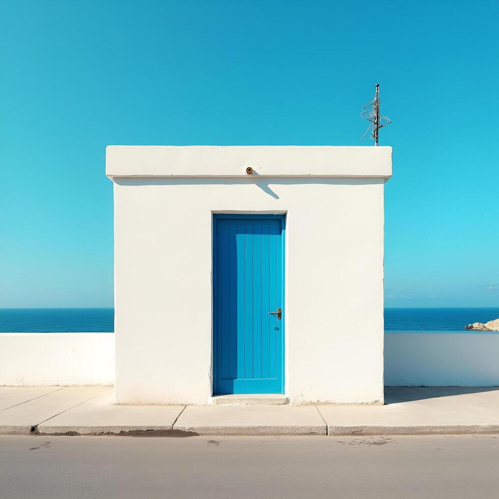 Modern Minimalist White Square Shape House with Blue Door and Behind the Sky photo