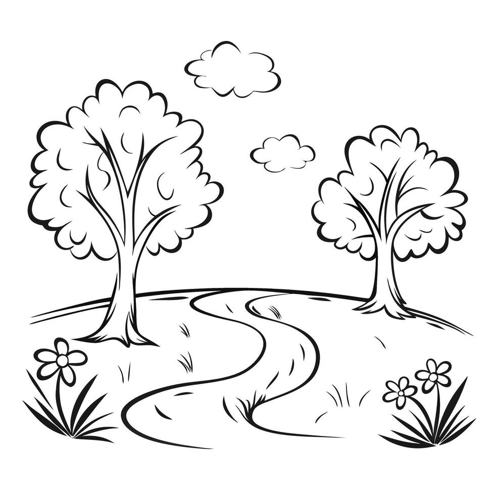 Black and white art simple landscape line drawing. vector