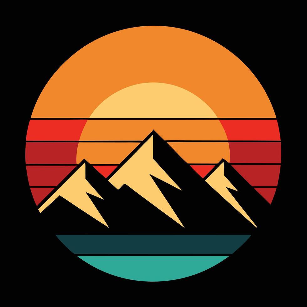 Sunset gradient circular logo with mountain silhouette. vector
