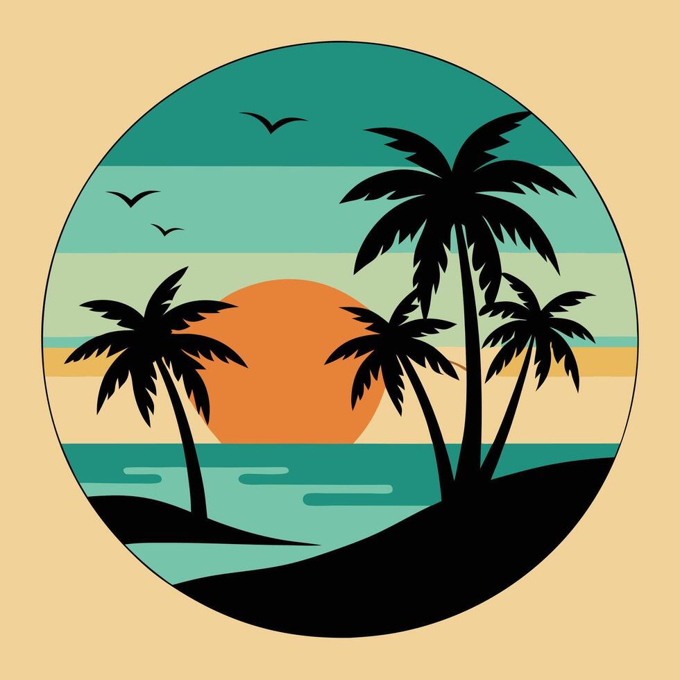 Palm trees and tropical island silhouette at sunset. vector