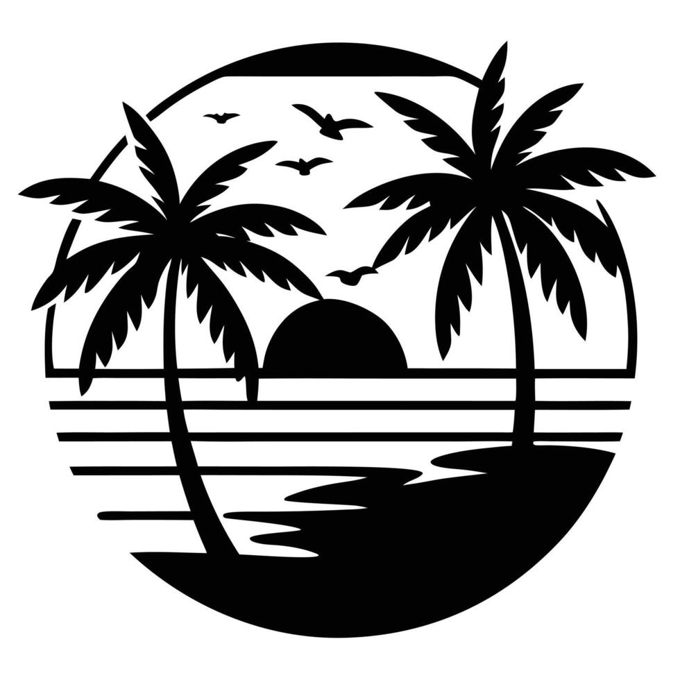 Island beach with tropical sunset and palm tree silhouettes. vector