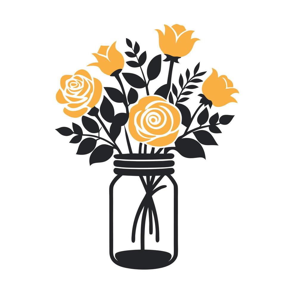 Roses in a mason jar black and white drawing. vector