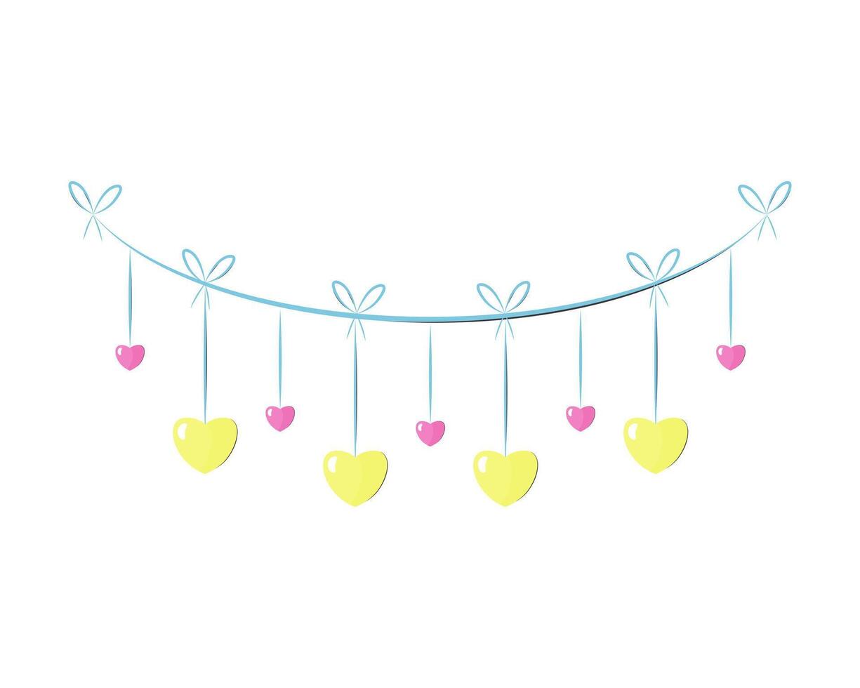 Cartoon style garland with yellow and pink hearts. Romantic, ot Valentine element for festive design. Blue cute garland. vector