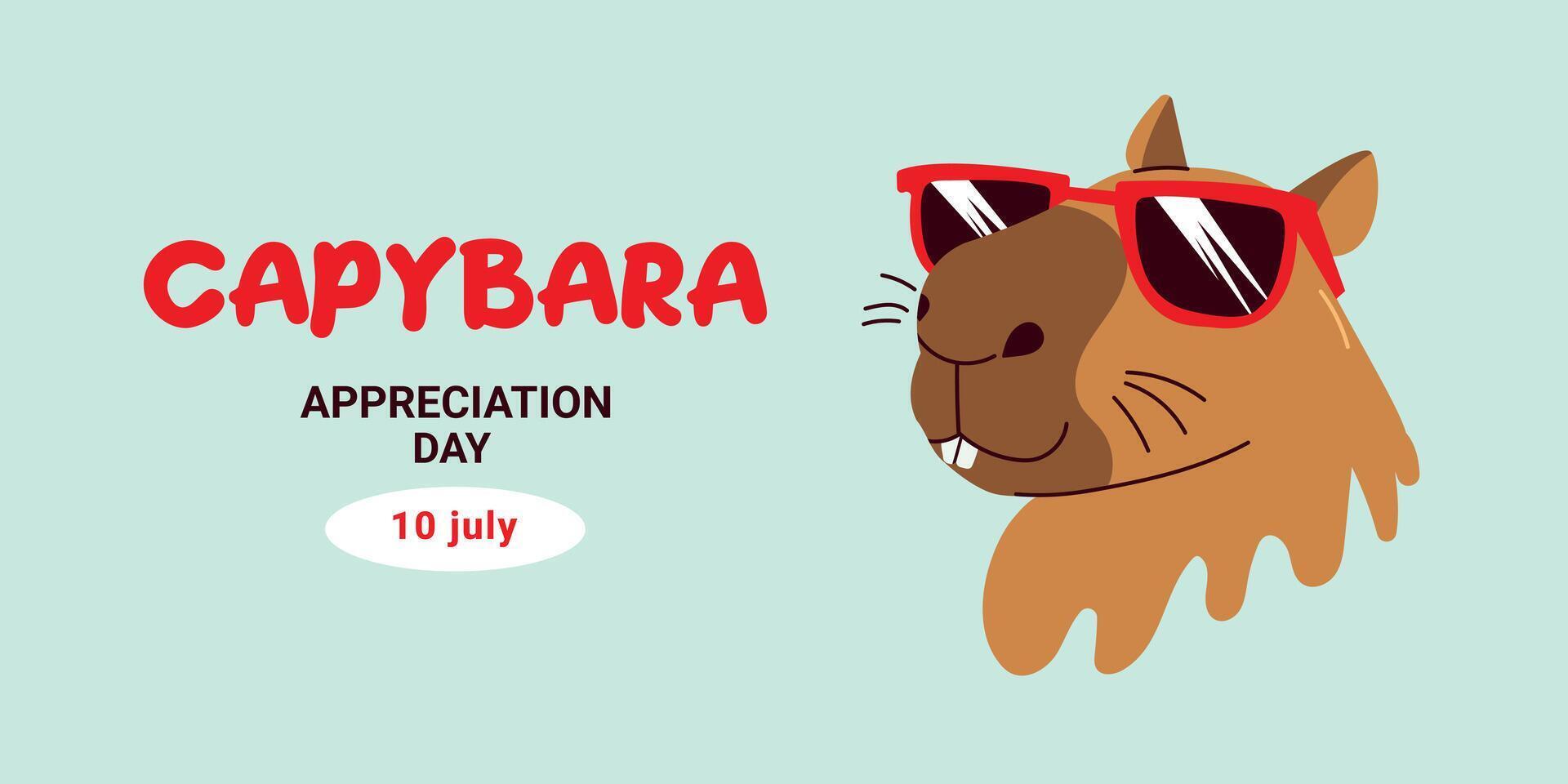 Capybara Appreciation Day July 10th. The cute, largest rodent the water pig. Handdrawn illustration, isolated on a light green backgroundd vector