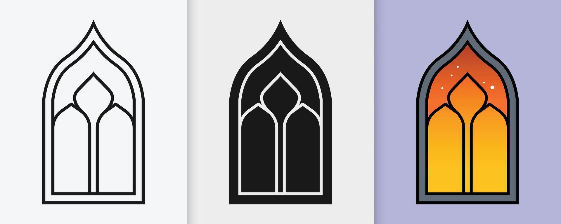 Islamic ornamental window collection in artistic outline and silhouette illustrations vector