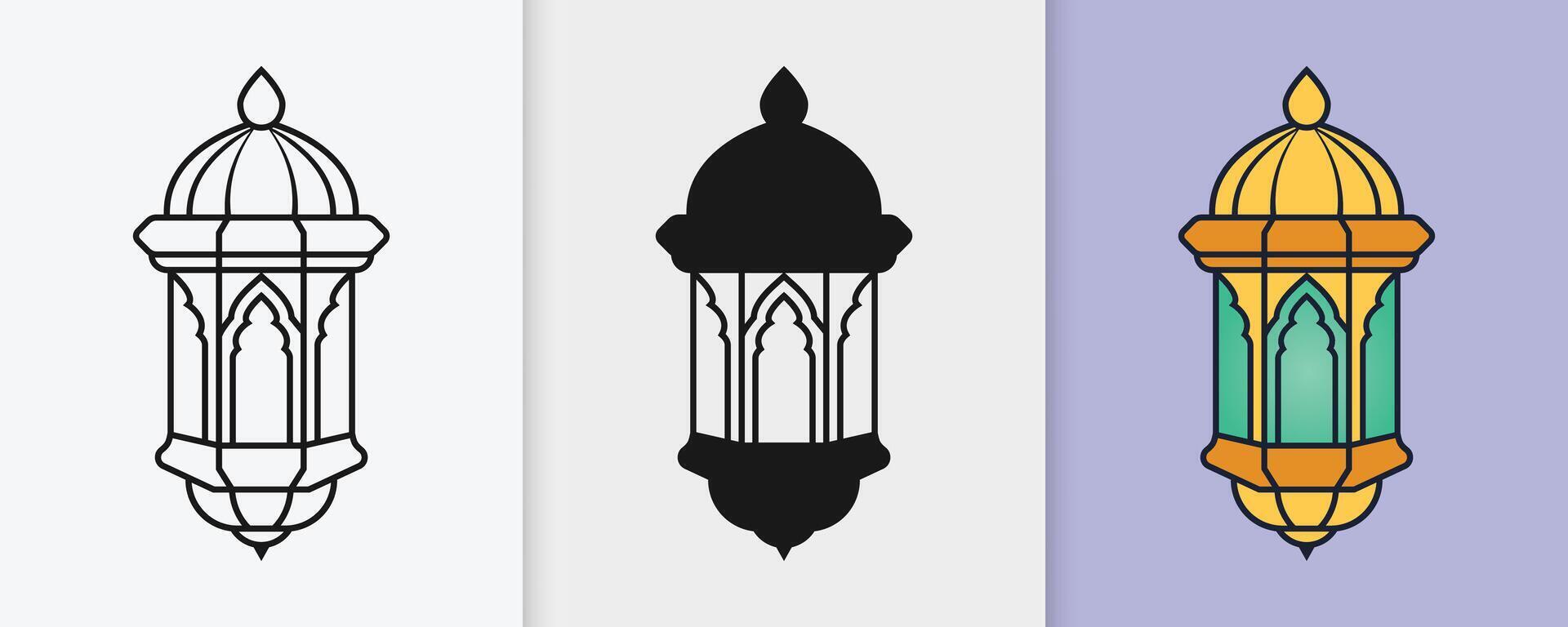 Traditional Islamic lantern outline and silhouette collection in flat style for Ramadan and Eid vector
