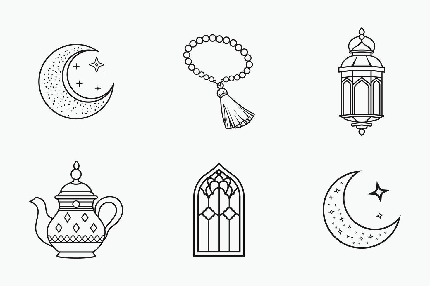 Islamic traditional symbols and decorative outlines in an artistic line art style vector