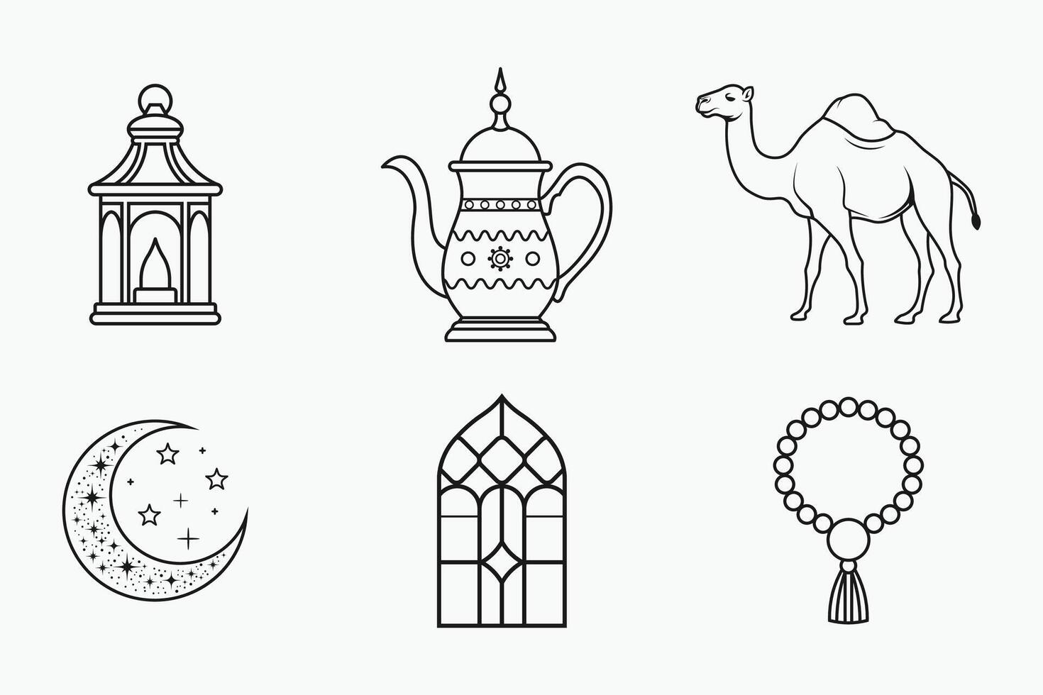 Islamic celebration elements in an elegant flat line art outline theme vector
