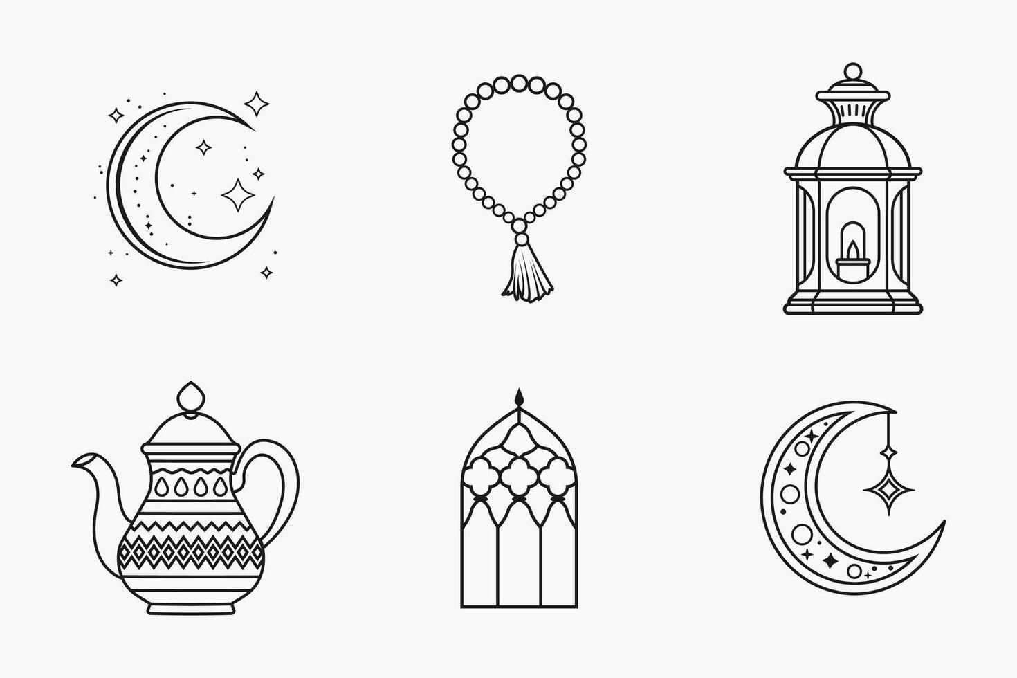 Islamic sacred symbols and festive outlines in a simple flat line art composition vector