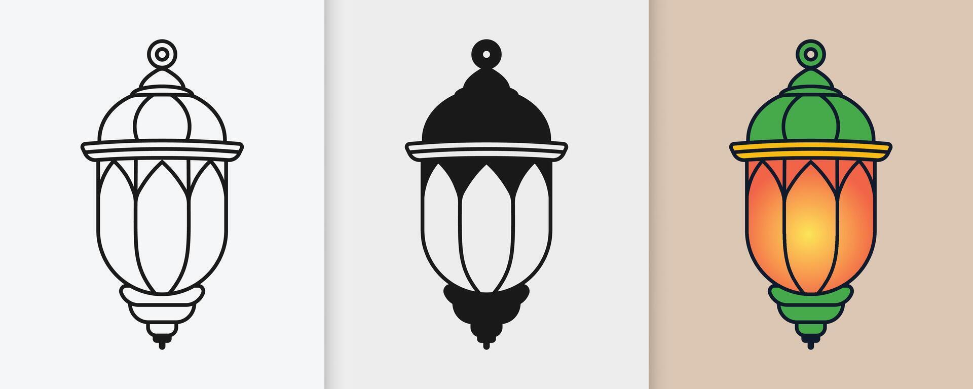 Islamic ornamental lanterns in artistic outline and silhouette style for Ramadan vector