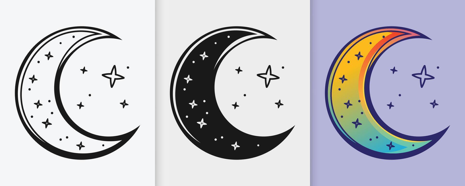 Spiritual Islamic crescent moon with stars in a clean and stylish outline and silhouette format vector