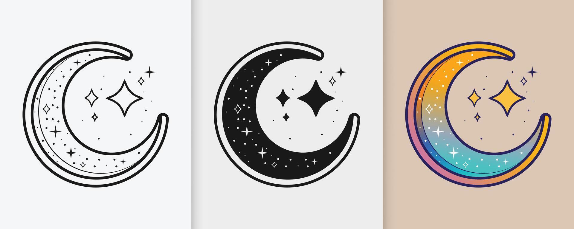 Traditional Islamic crescent moon and stars symbols in flat outline and silhouette illustration vector