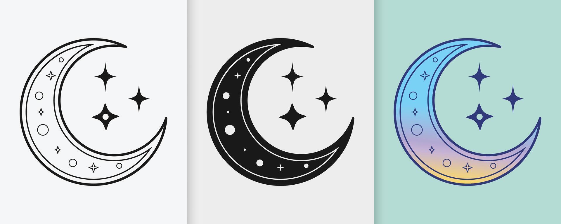 Islamic celestial theme with crescent moon and stars in elegant outline and silhouette art vector