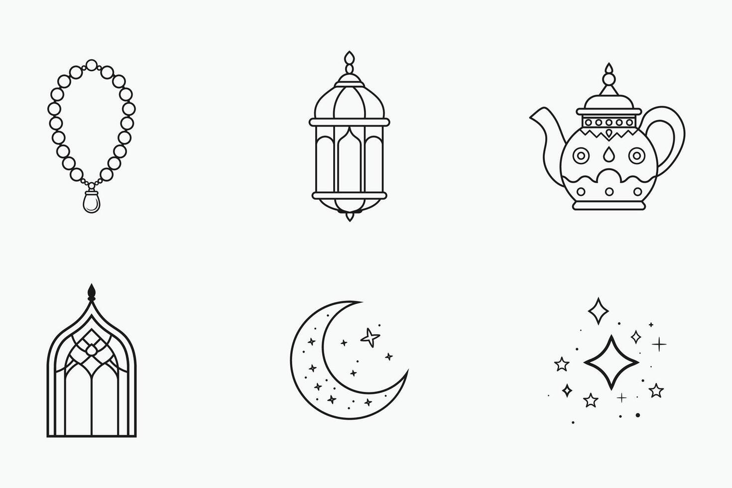 Beautiful Islamic holiday outlines set in flat line art style for Ramadan and Eid vector