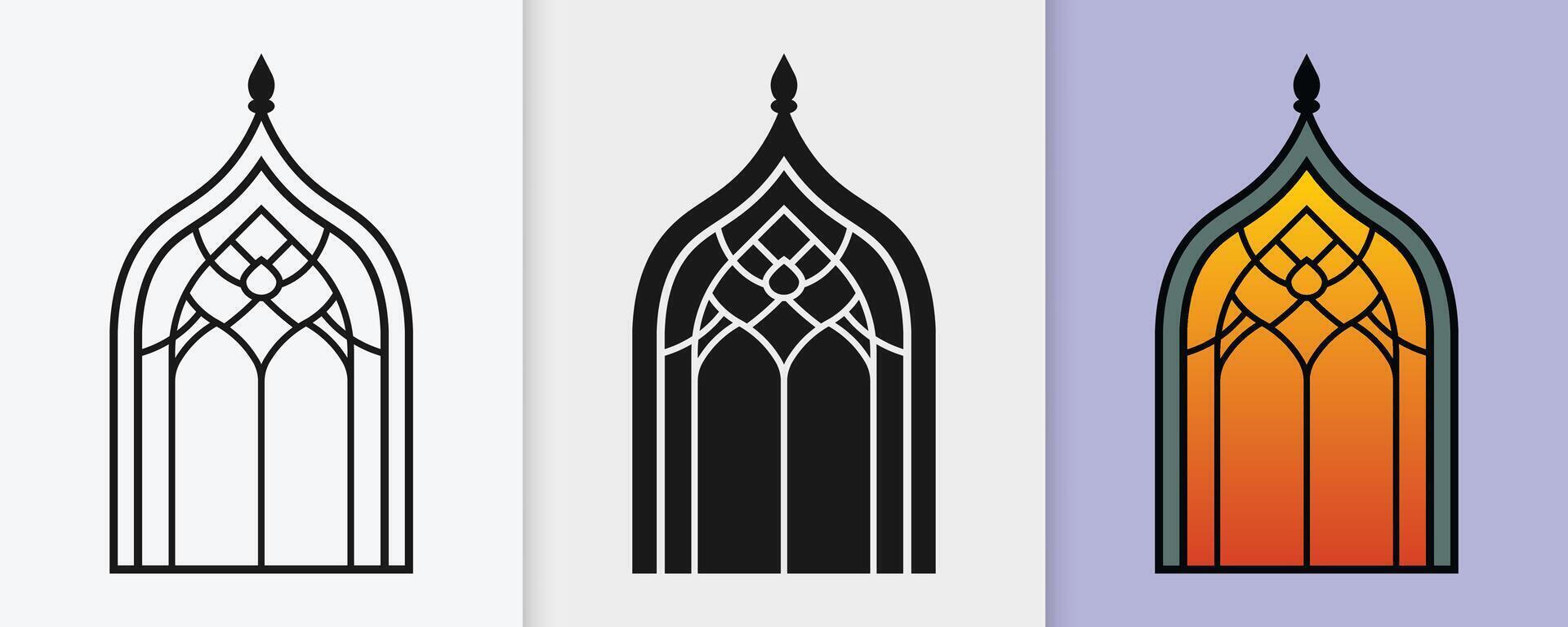 Islamic window outline and silhouette set with isolated flat illustration for Eid celebration vector