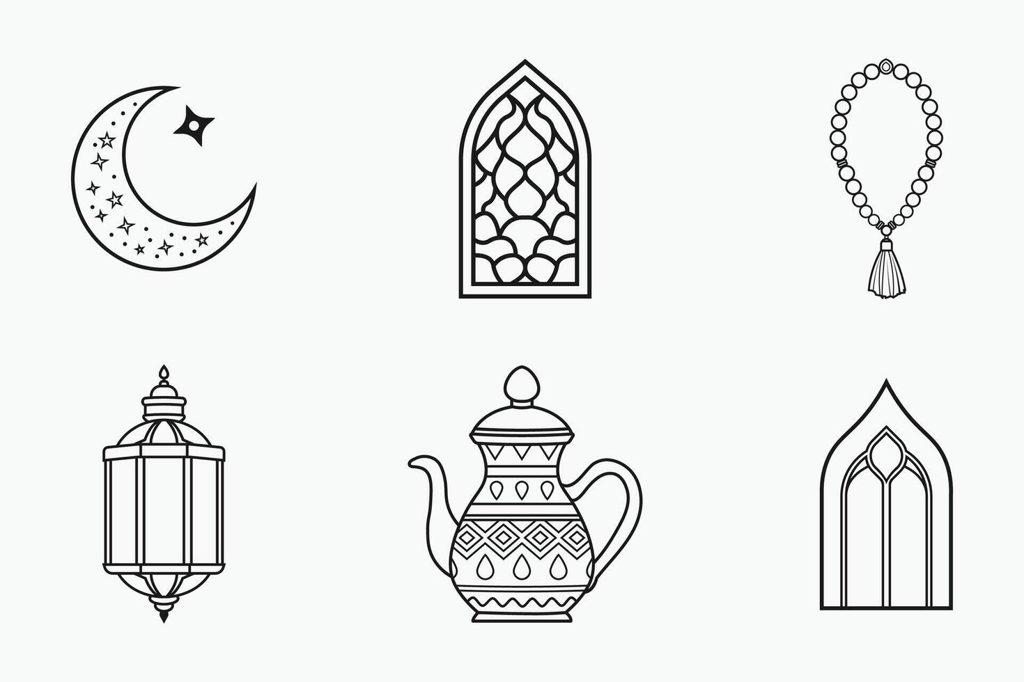 Islamic festive outline collection in flat line art style for traditional themes vector