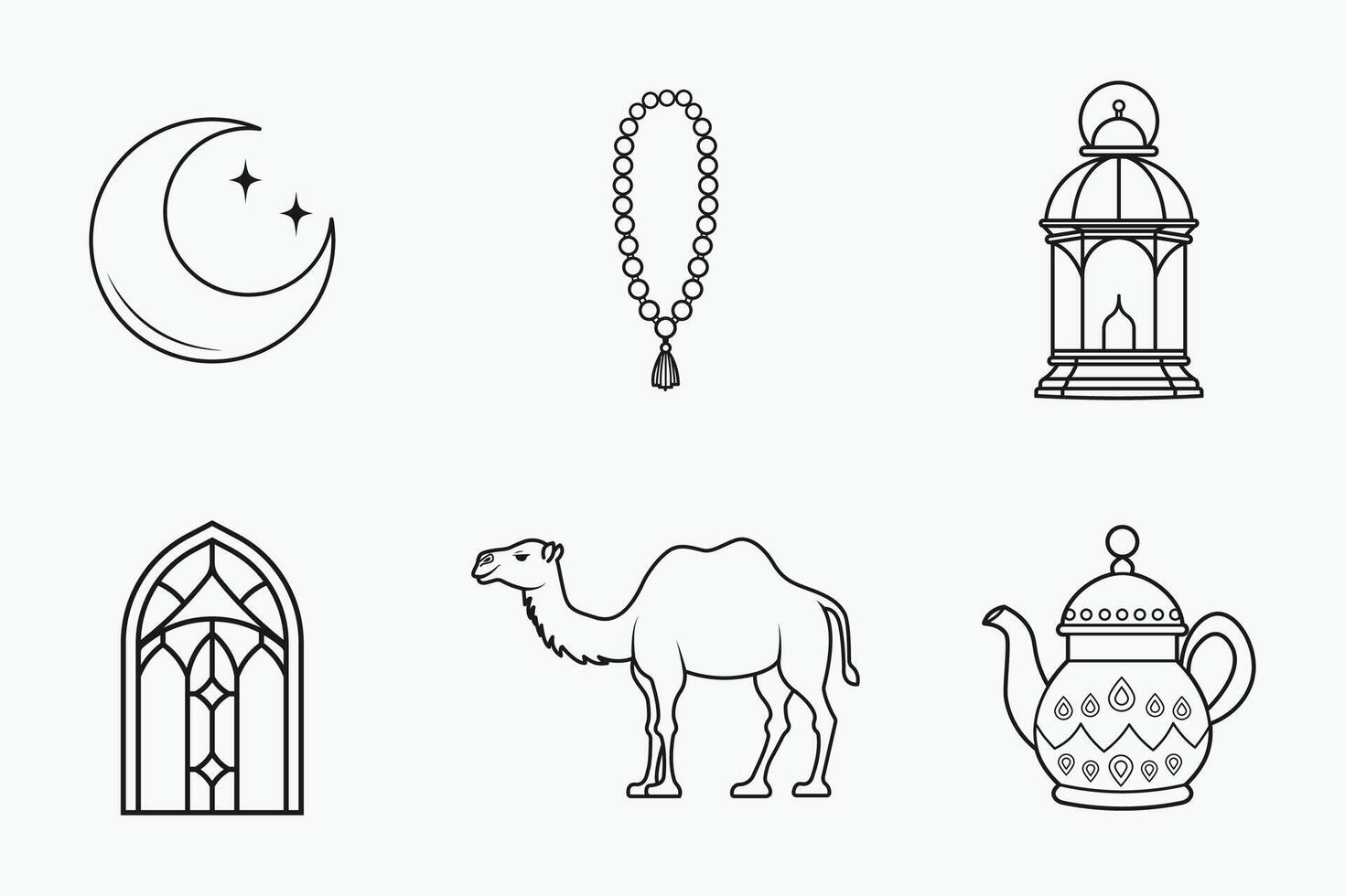 Black and white Islamic festival outline elements set in a clean flat line art design vector