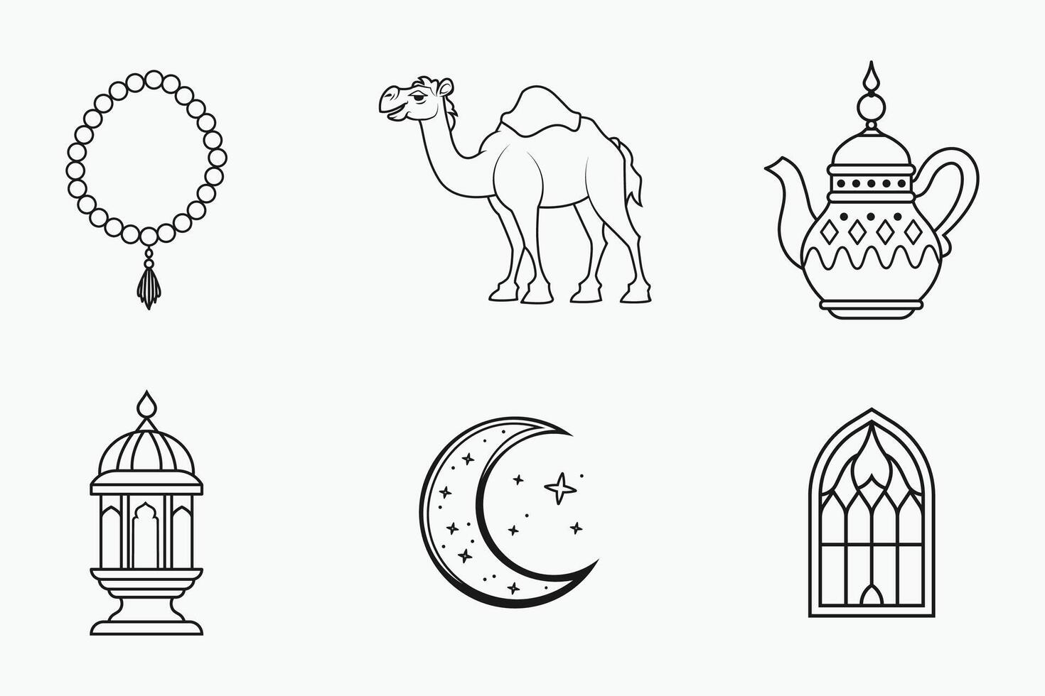 Ramadan and Eid traditional outline elements set in isolated flat line art style vector