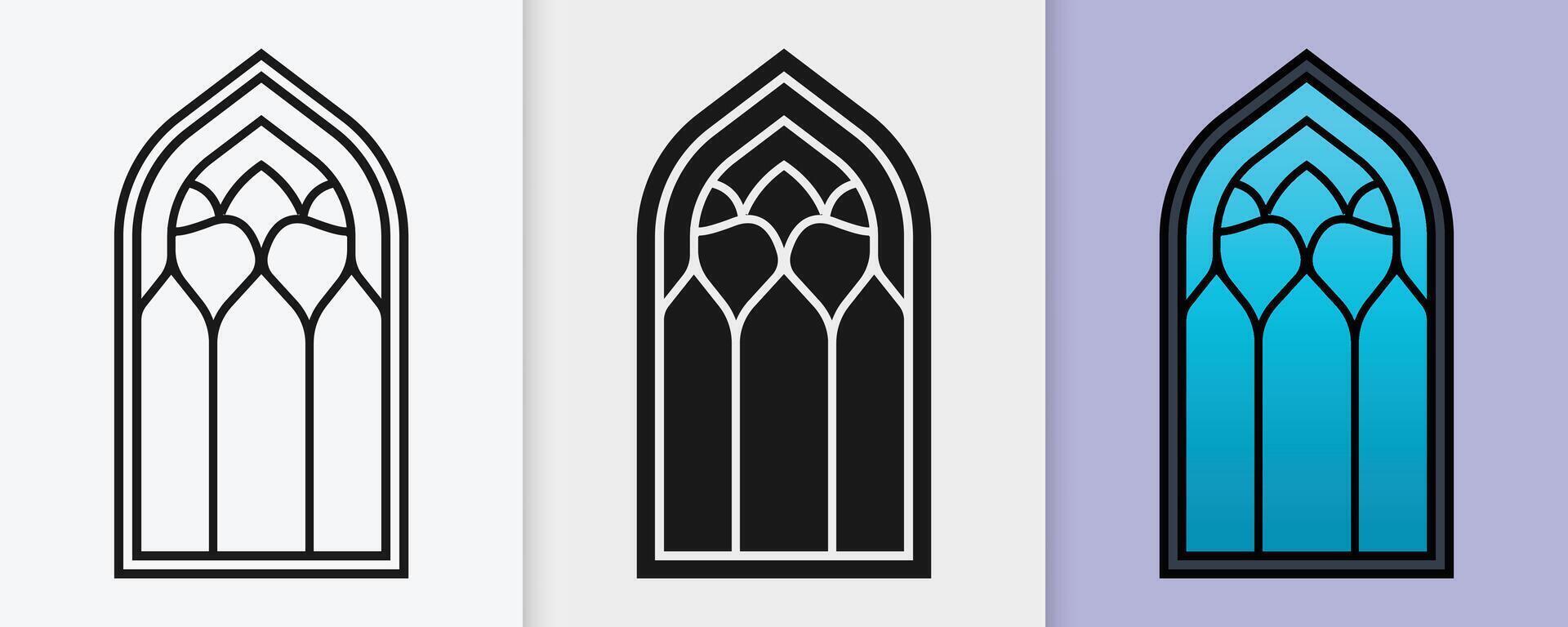 Beautifully crafted Islamic window elements in outline and silhouette format vector