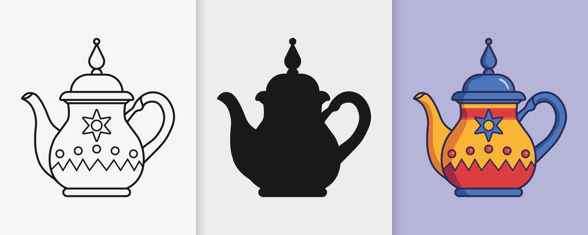 Elegant Arabic tea pot and kettle set in outline and silhouette for festive celebrations vector
