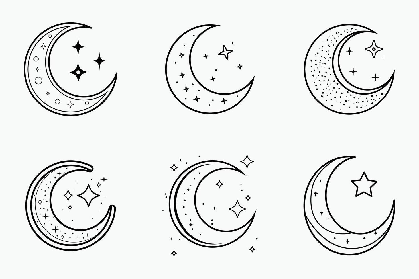 Elegant Islamic crescent moon and stars outline set in flat line art style for eid vector
