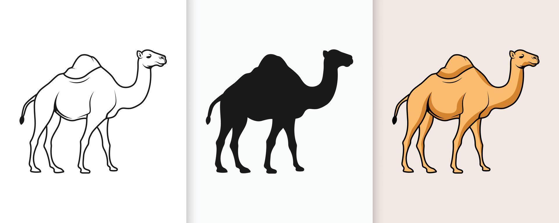 Islamic festival camel outline and silhouette icons in a minimalist flat style vector