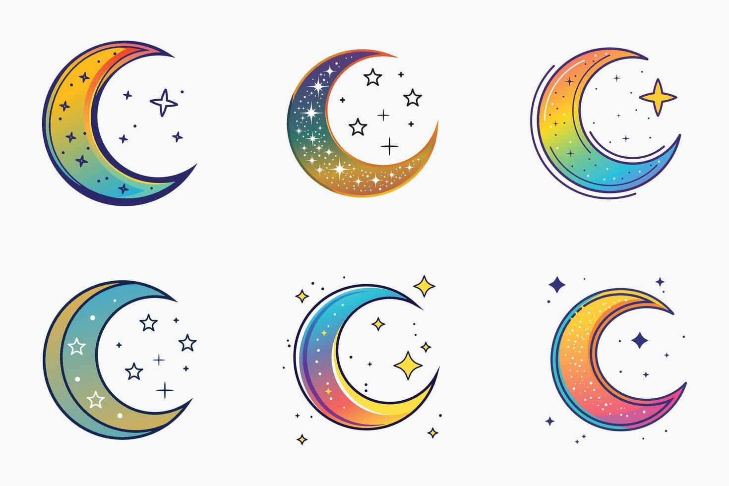 Decorative Islamic crescent moon with stars set in flat isolated design for eid vector