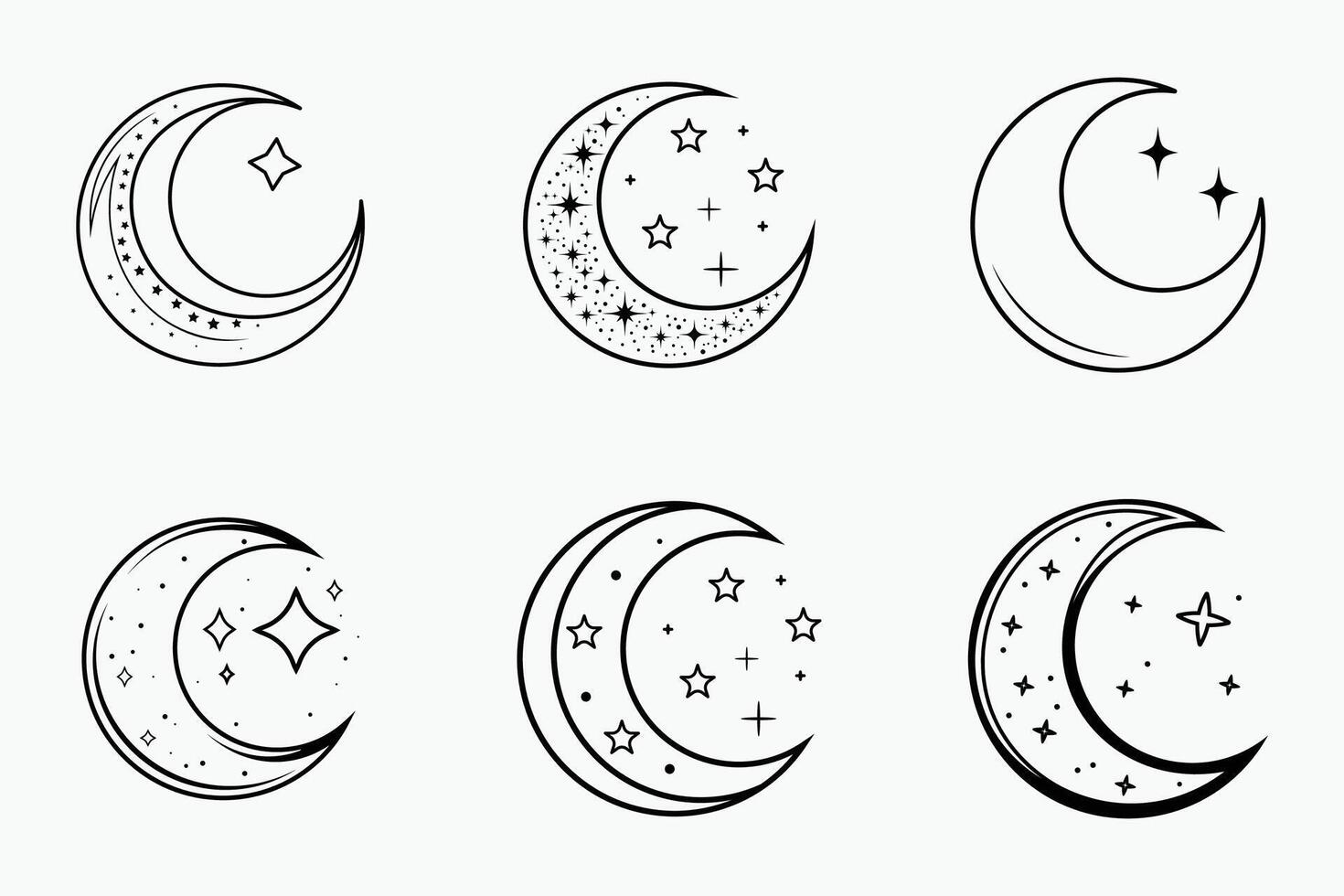 Traditional Islamic crescent moon with stars outline icons in isolated flat design for eid vector