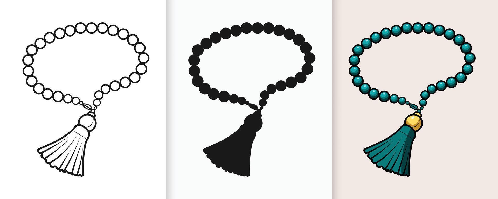 Intricate Islamic prayer beads in an elegant outline and silhouette set vector