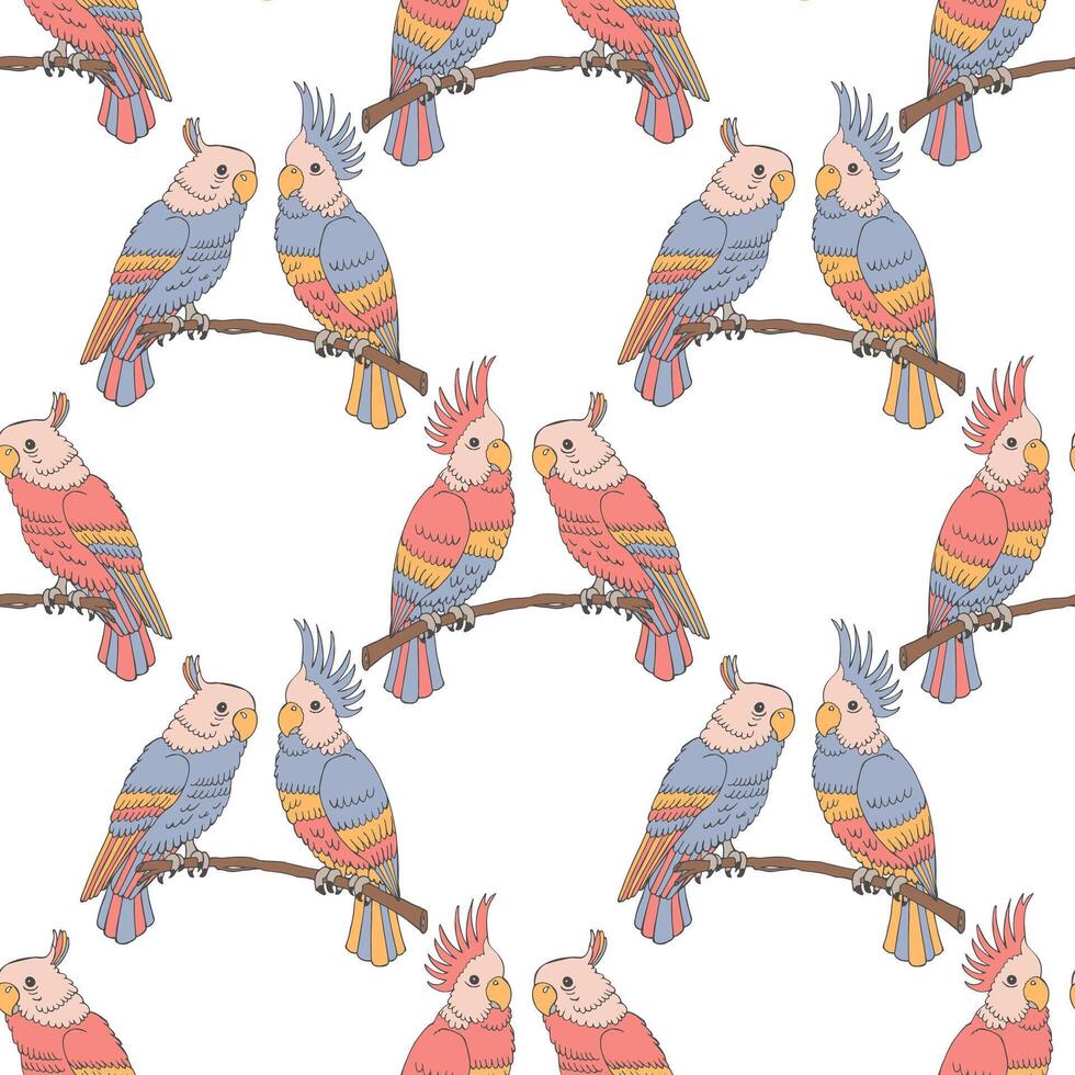 Seamless pattern, hand-drawn parrot birds on a branch on a white background. Print, textile vector