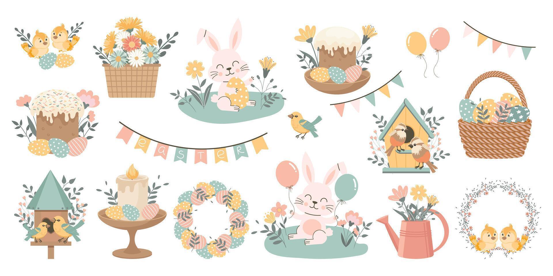 Cute Easter set. Spring collection of animals, birds, flowers and seasonal decorations. Design for greeting cards, posters, scrapbooking. Illustration in flat style. vector
