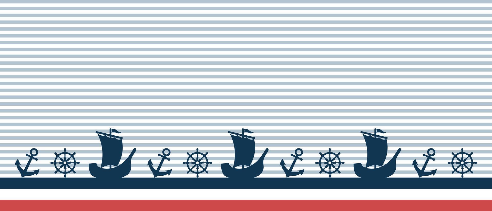 Nautical background with ships, anchor and steering wheel. Seamless border. Flat style illustration. vector