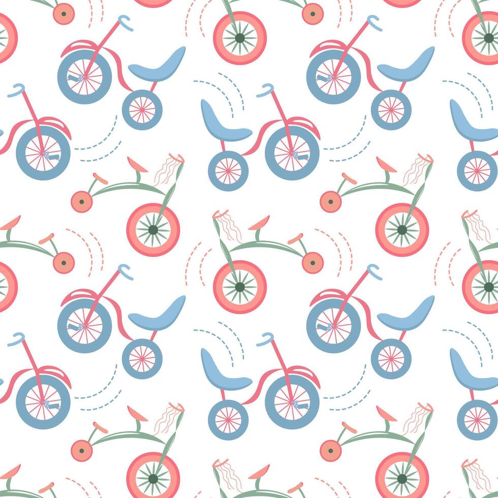 Seamless pattern, cute bicycles in doodle style. Pastel colors. Illustration vector