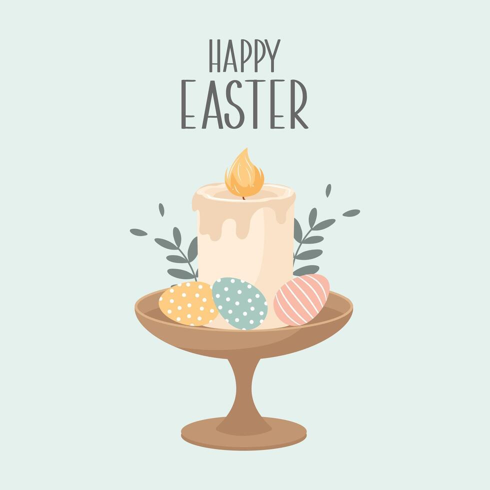 Happy Easter candle with decorated eggs and floral elements. Simple illustration. Cute spring greeting card. vector