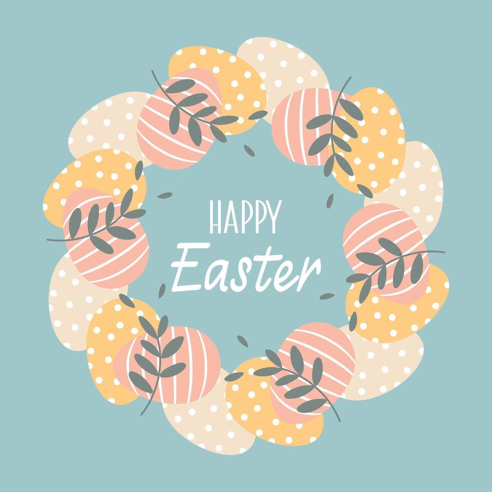 Happy Easter card with decorated eggs wreath and floral elements. Simple illustration. Cute spring greeting card. vector