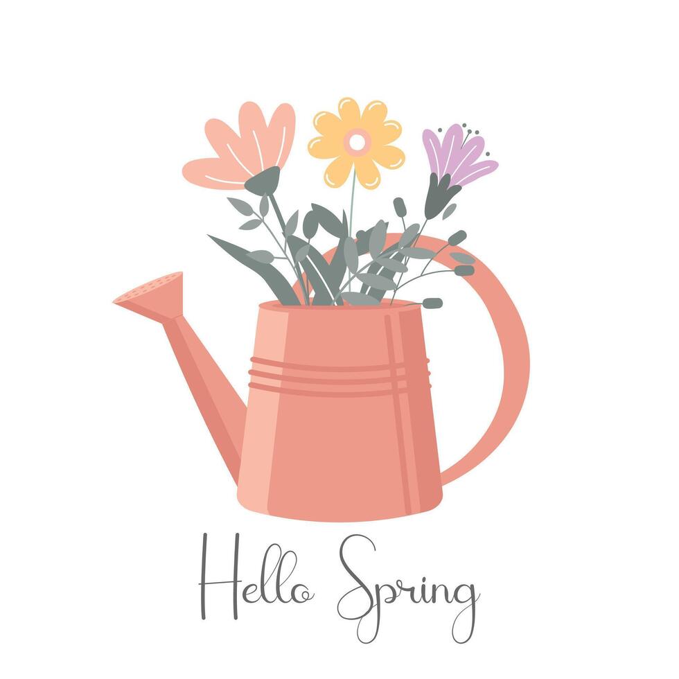 Hello spring postcard with flowers in a watering can. Simple floral illustration. Cute spring greeting card. vector
