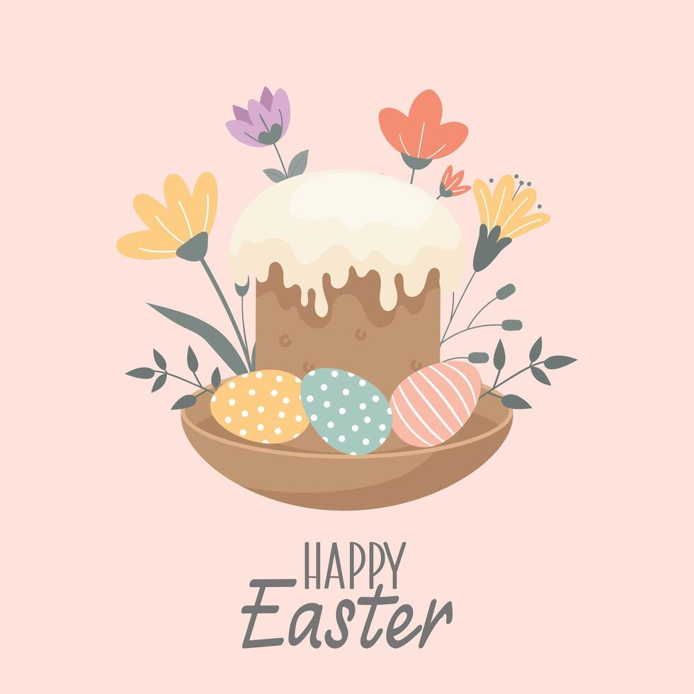 Happy Easter card with Cake, decorated eggs and floral elements. Simple illustration. Cute spring greeting card. vector