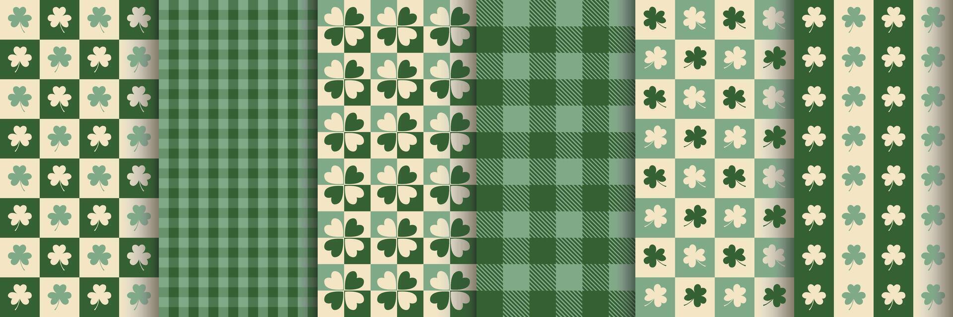 Set of seamless geometric patterns with clover leaves. St. Patrick's Day. Surface design for textile, fabric. Green and white colors. vector