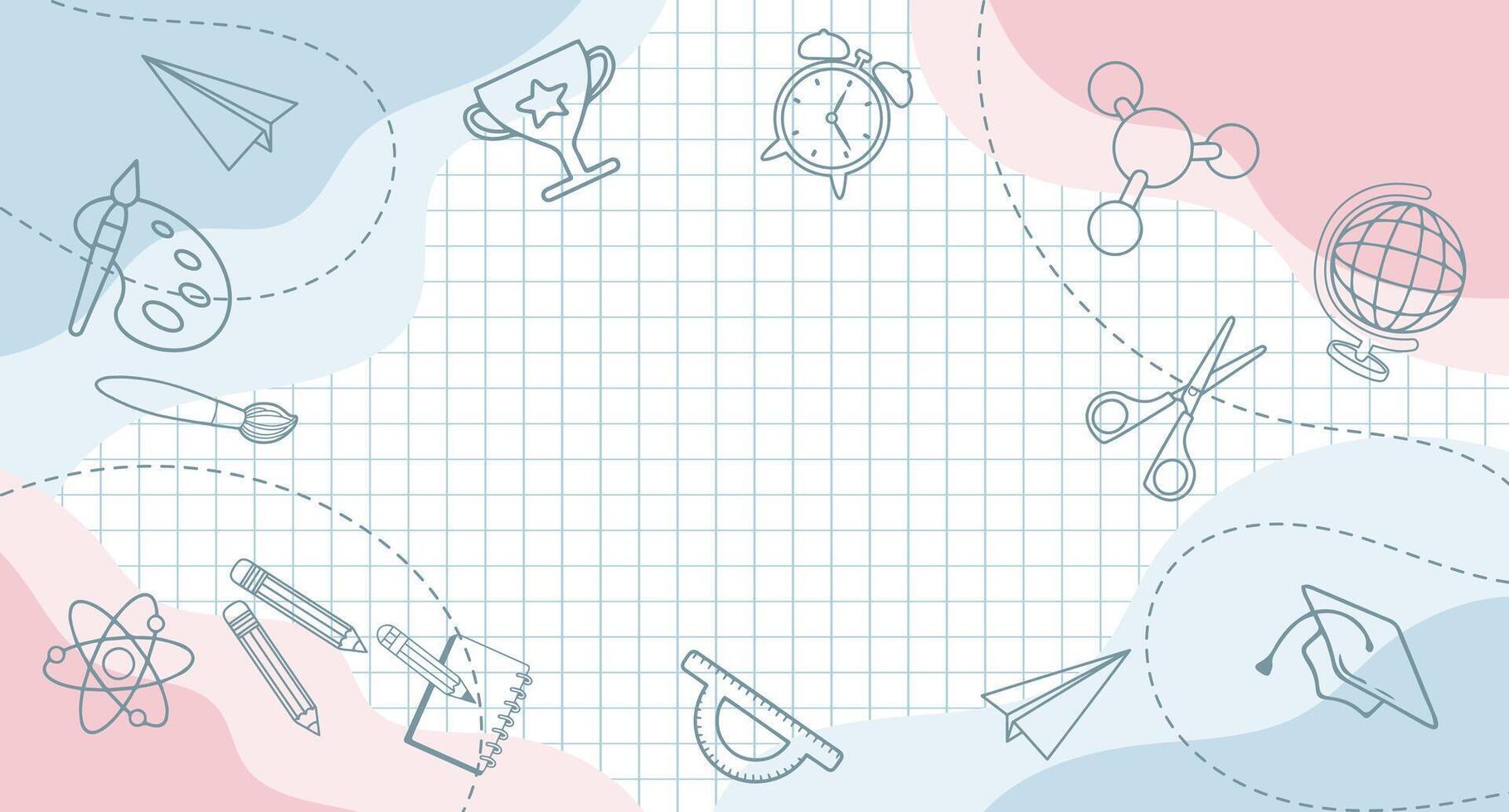 Background with school supplies and education icons hand drawn doodle elements. Illustration, back to school banner. vector