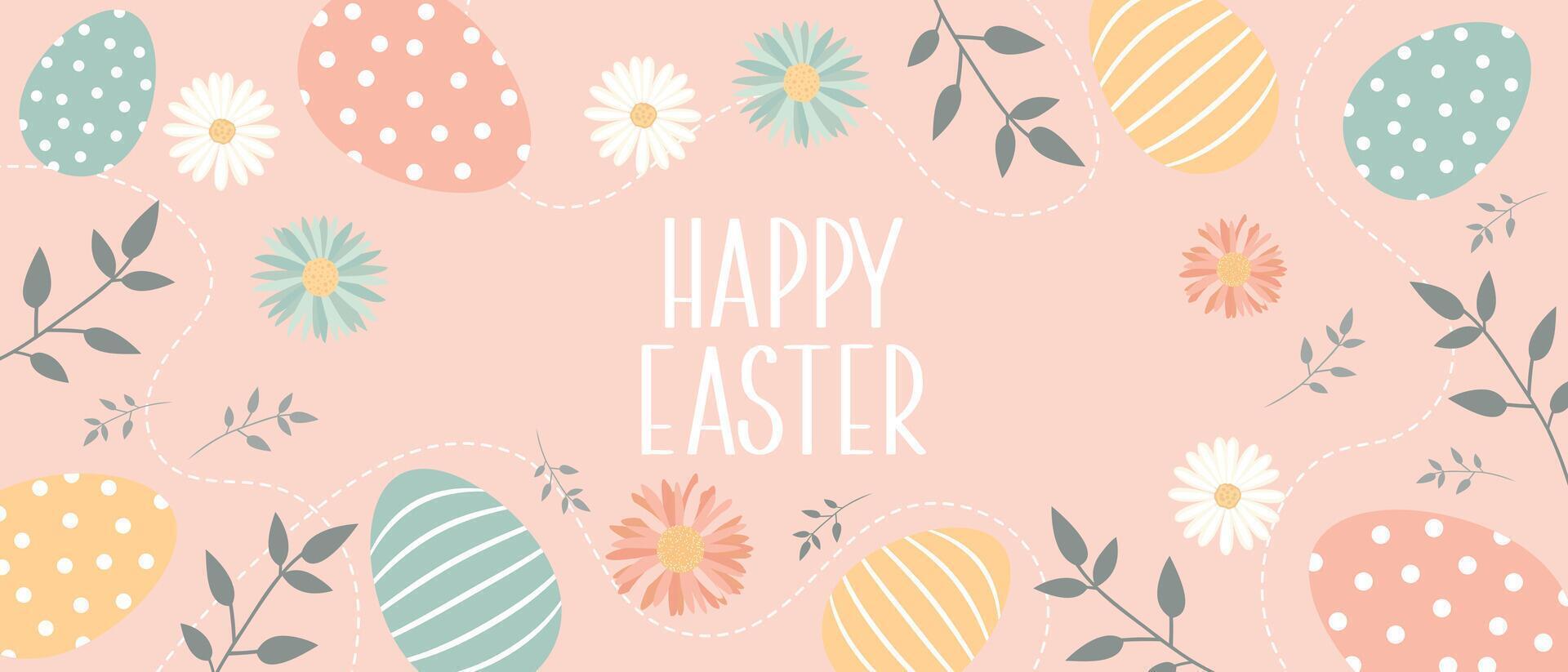 Happy Easter banner with decorated eggs and floral elements. Minimalist festive design for spring celebration. Cute flat Easter greeting card. vector