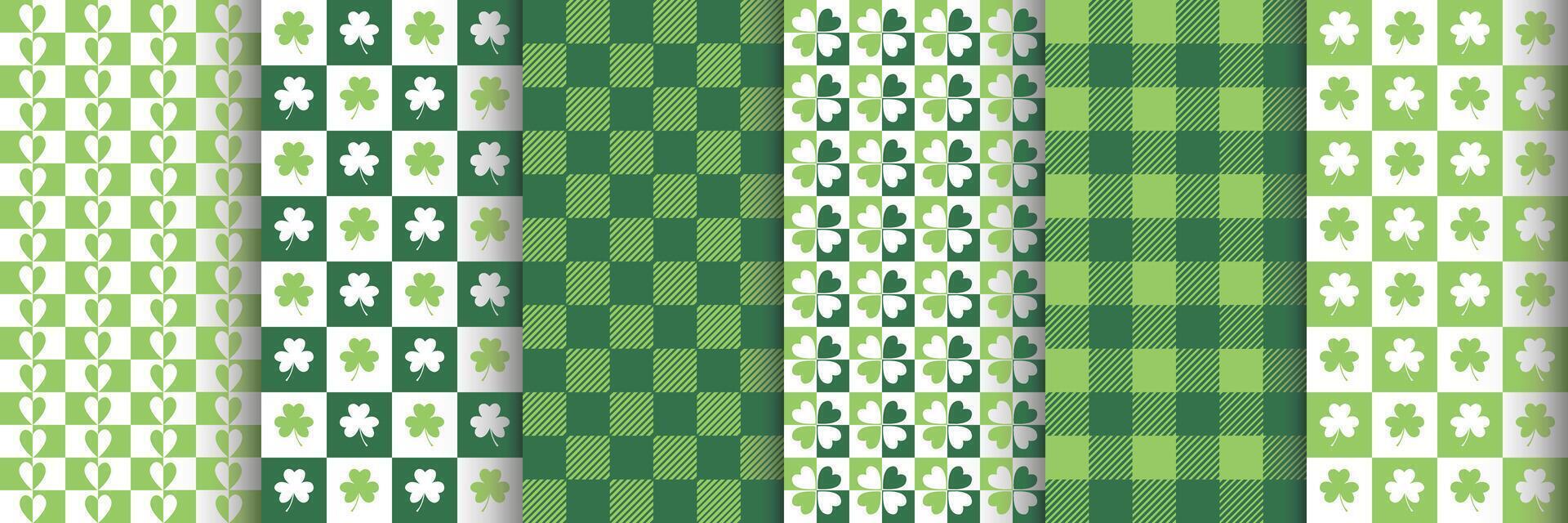 Set of seamless geometric patterns with clover leaves. St. Patrick's Day. Surface design for textile, fabric. Green and white colors vector