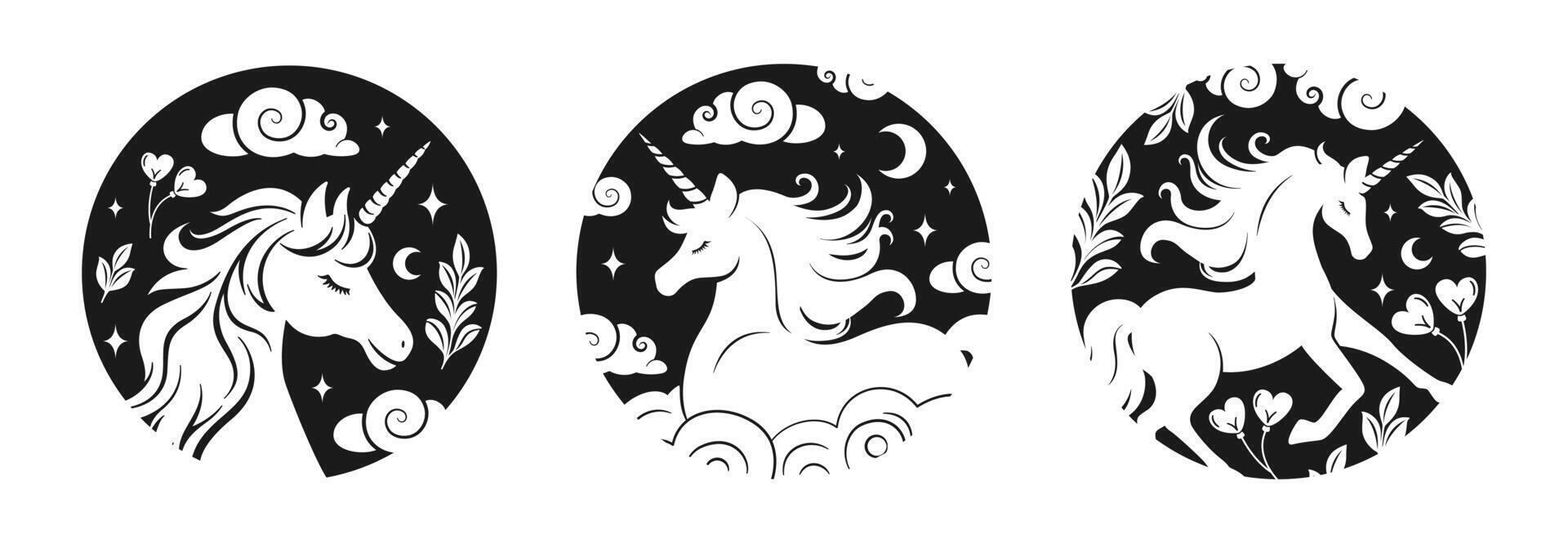 Unicorn silhouette in a circle stamp set. Fantasy magical mystic horse tattoo set. Product merchandise design, t shirt sticker print. vector