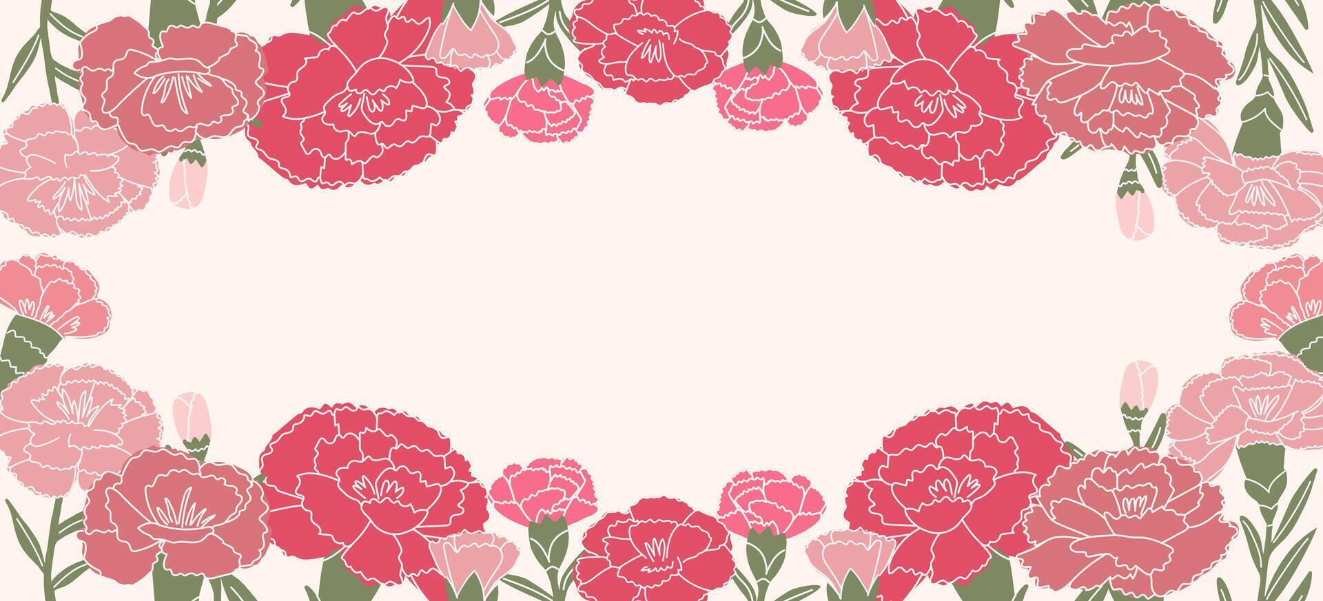 Frame of pink and red carnations. Flowers in flat in style. Illustration isolated on white background. Carnations of different shapes and types. Suitable for invitations, cards, social media vector