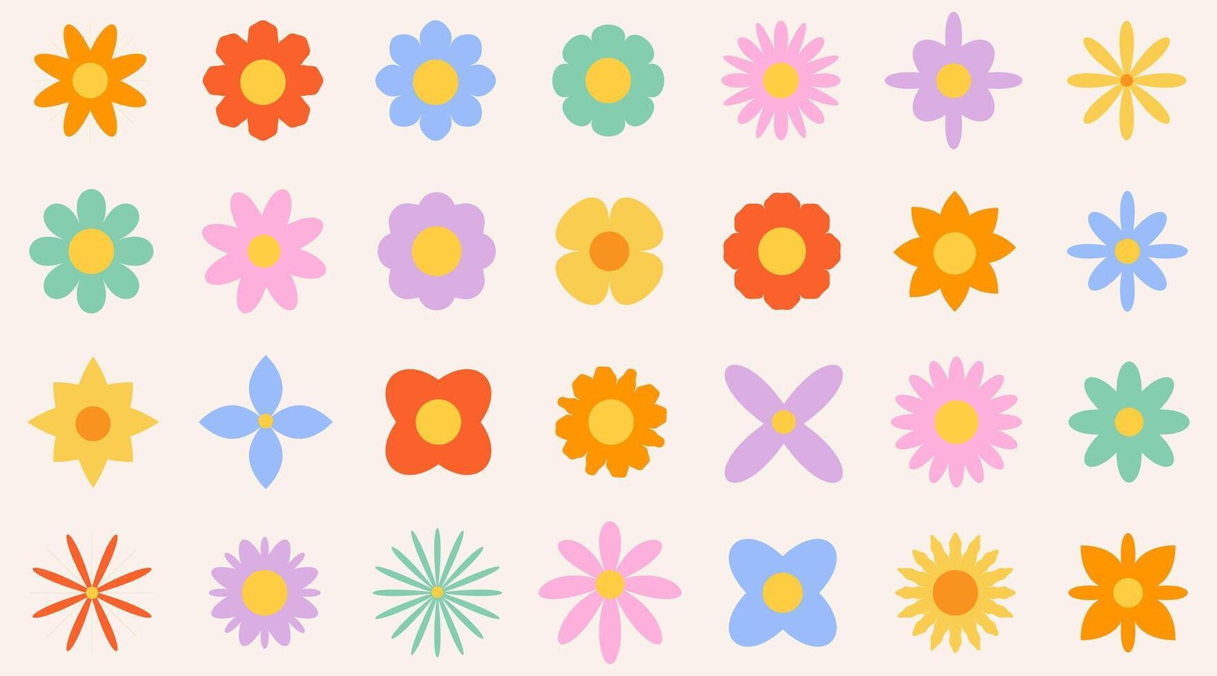 Set of colorfull abstract flowers. Retro geometric spring flowers. Groovy simple flowers set. For greting card, poster, banner, social media. vector