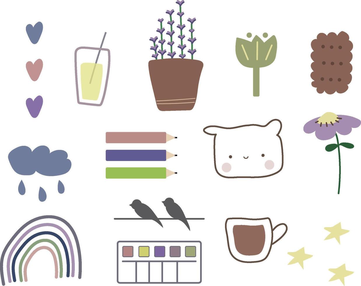Minimalistic set of cute elements. Plant, paints, rainbow, coffee vector